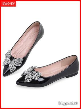 Patent Leather Ballet Flats Pointed Toe Rhinestone Butterfly Dress Shoes